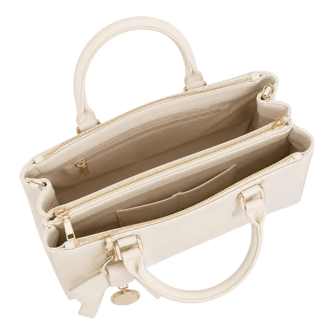The Perfect Purse LLC Women's Elegant Ivory Leather Handbag with Decorative Bow Charm