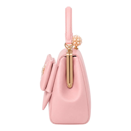The Perfect Purse LLC Women's Pink Leather Bow Frame Handbag with Pearl Clasp