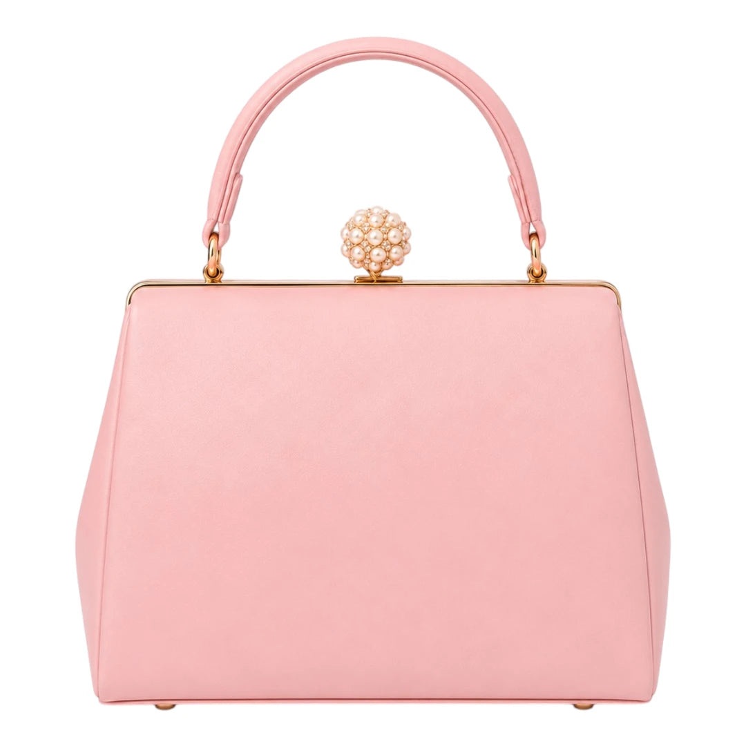 The Perfect Purse LLC Women's Pink Leather Bow Frame Handbag with Pearl Clasp