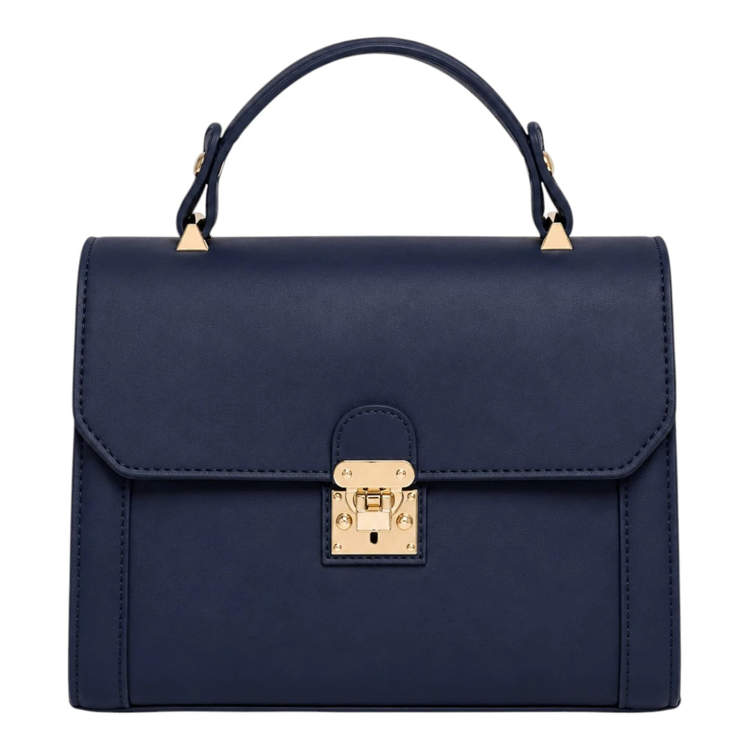 The Perfect Purse LLC Navy Leather Women's Handbag with Secure Lock Closure
