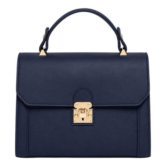 The Perfect Purse LLC Navy Leather Women's Handbag with Secure Lock Closure