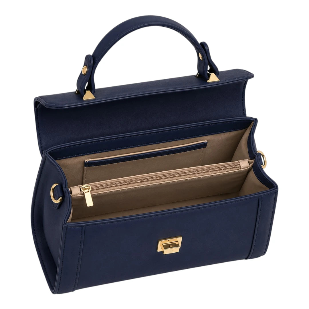 The Perfect Purse LLC Navy Leather Women's Handbag with Secure Lock Closure