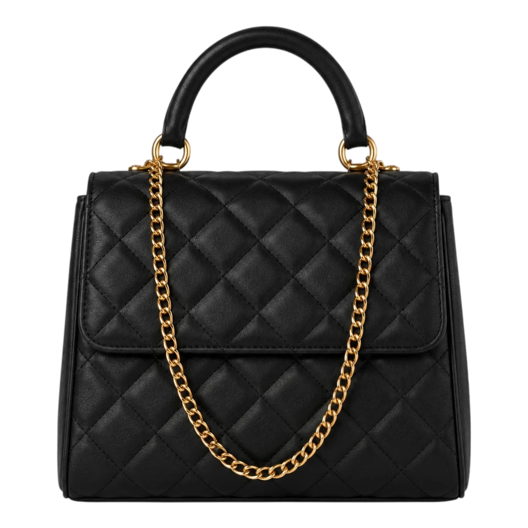 The Perfect Purse LLC Women's Black Leather Handbag with Gold Chain