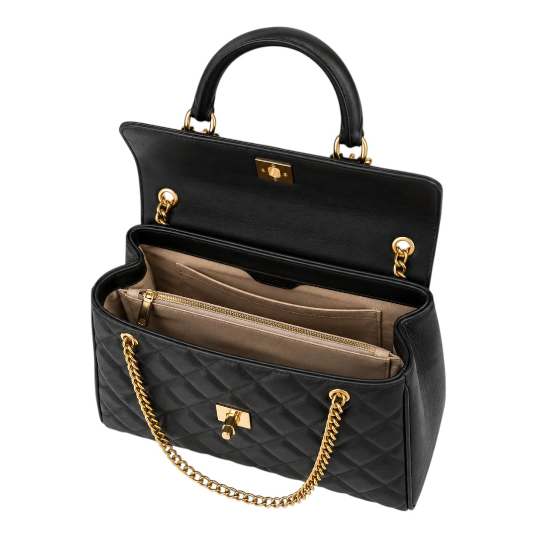The Perfect Purse LLC Women's Black Leather Handbag with Gold Chain