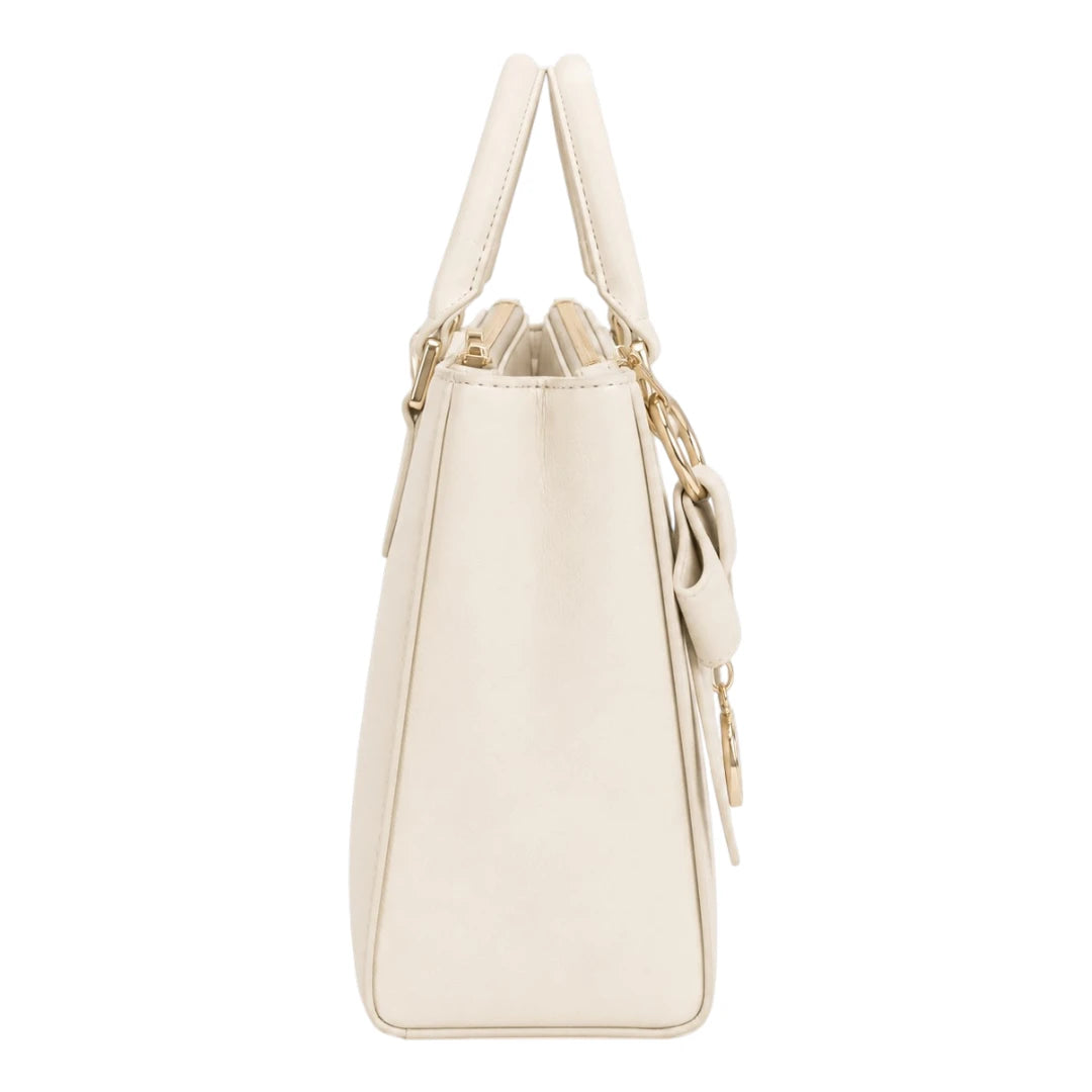 The Perfect Purse LLC Women's Elegant Ivory Leather Handbag with Decorative Bow Charm