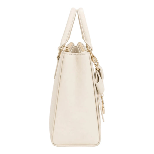 The Perfect Purse LLC Women's Elegant Ivory Leather Handbag with Decorative Bow Charm