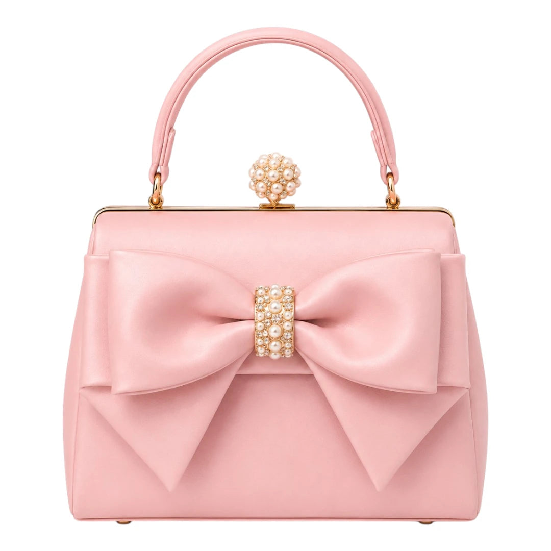 The Perfect Purse LLC Women's Pink Leather Bow Frame Handbag with Pearl Clasp