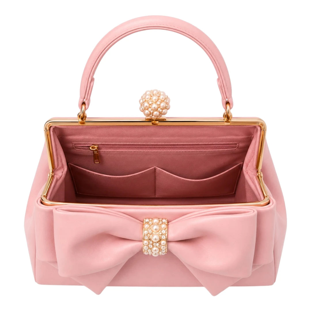 The Perfect Purse LLC Women's Pink Leather Bow Frame Handbag with Pearl Clasp