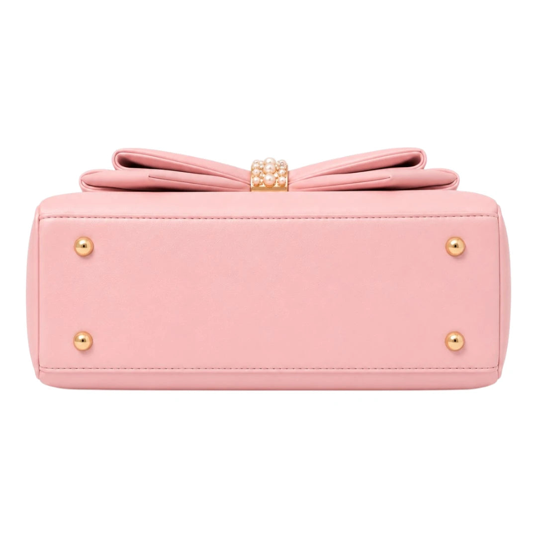The Perfect Purse LLC Women's Pink Leather Bow Frame Handbag with Pearl Clasp
