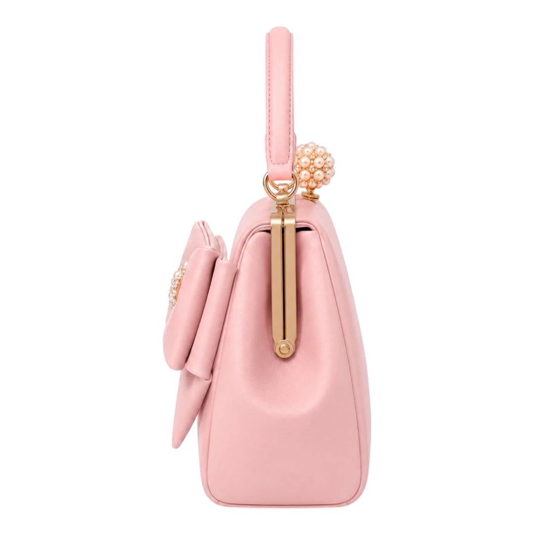 The Perfect Purse LLC Women's Pink Leather Bow Frame Handbag with Pearl Clasp